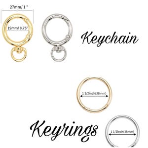 May include: Gold and silver keychains and keyrings. The gold keychain is 1 inch (27mm) long and 0.75 inches (19mm) wide. The keyrings are 1.5 inches (38mm) in diameter. The word "Keychain" and "Keyrings" are written in cursive.
