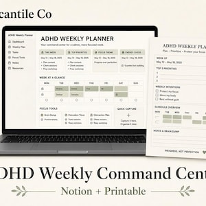 May include: A laptop displaying an ADHD Weekly Planner digital interface alongside a printed ADHD Weekly Plan sheet. The screen shows sections for top priorities, focus themes, and energy checks. The text includes Downey Mercantile Co.