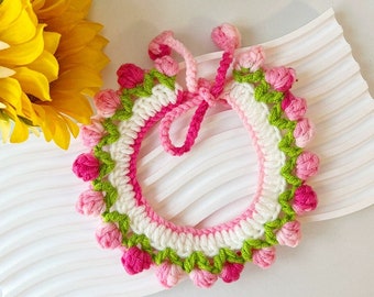Crochet Flower Cat Collar, Spring Pet Collar, Pink Tulip