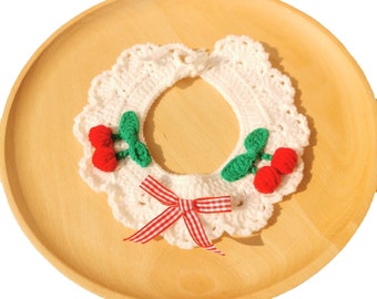 Crochet Cherry Cat Collar, Handmade Bowtie Pet Collar
