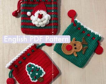 May include: Three handmade crochet Christmas gift bags. One red bag features a Santa Claus applique, another green bag has a reindeer, and the third red bag has a Christmas tree. The bags have drawstrings and decorative trim. The text "English PDF Pattern" is visible.