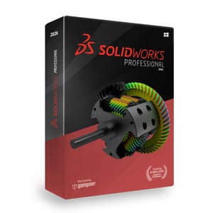 Op de afbeelding: Een productdoos voor SOLIDWORKS PROFESSIONAL 2026. De doos is voornamelijk zwart en rood, met het SOLIDWORKS-logo en de productnaam in wit en rood. Een gedetailleerd tandwielmodel is te zien, met tekst die aangeeft dat het door 6 miljoen ingenieurs wereldwijd wordt vertrouwd.