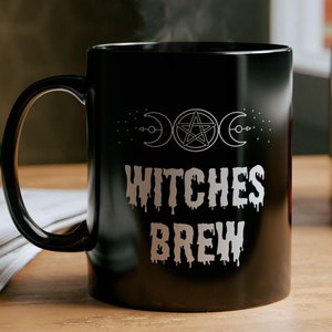 Black Halloween Witches Brew Ceramic Black Mug (11oz, 15oz), Witchy Mug, Witch Mug, Spooky Season, Five Pointed Star, Halloween Lover Cup