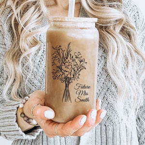 Personalized Future Mrs 16oz Glass Cup, Bride To Be Custom Iced Coffee Cup with Lid and Straw, Bridal Shower Gift, Engagement Gift