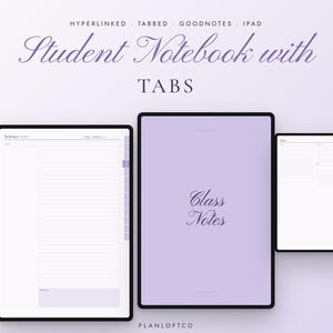 以下が含まれることがあります： iPad用のタブ付きデジタル学生用ノートブック。Class Notesと書かれた薄紫色の表紙と、ScienceやStudyのヘッダーが付いた罫線入りのレイアウトが表示された2つのページが、淡いラベンダー色の背景に配置されています。