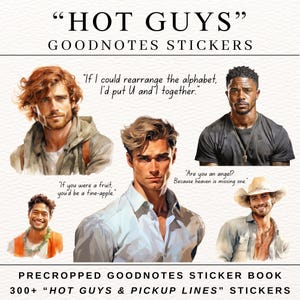 Puede incluir: Libro de pegatinas digitales para GoodNotes con ilustraciones de acuarela de hombres y frases para ligar. El texto incluye pegatinas "HOT GUYS" y "300+ HOT GUYS & PICKUP LINES". Fondo blanco.
