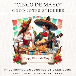 Puede incluir: Libro de pegatinas digitales GoodNotes con temática del Cinco de Mayo. La imagen presenta una ilustración festiva de un hombre tocando la guitarra y una mujer sosteniendo una botella, ambos con vestimenta tradicional. El texto dice "Happy Cinco de Mayo!"