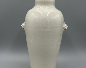 Antique Chinese White Glaze Garlic Mouth Vase Lion Head Handles 11 3/4''