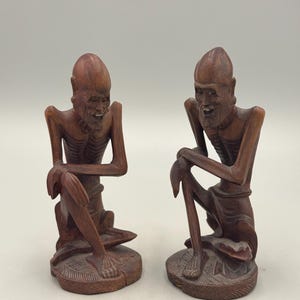 Pair Vintage Mid 20th Century Chinese Wood Skinny Ascetic Luohan Statues 5.5''