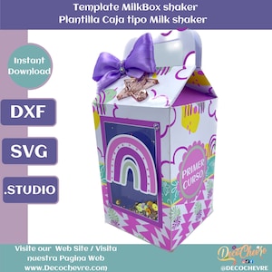 May include: A purple and white milk carton shaped box with a rainbow and glitter inside. The box has a handle and a bow on top. The text "PRIMER CURSO" is on the side of the box.