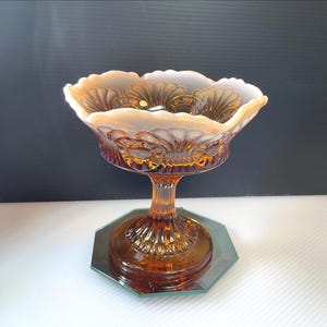 May include: An amber-colored, footed glass bowl with a scalloped rim. The bowl features a detailed floral pattern and sits on a pedestal base. The bowl is displayed on a mirrored, octagonal surface.