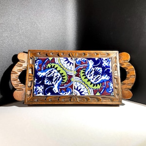Wood Frame Hand Carved Talavera Tiled Serving Tray