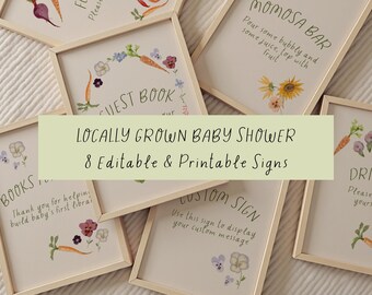 Locally Grown Baby Shower Signs Bundle, Editable Baby Shower Table Signs, Farmers Market Baby Shower Decor, Printable Canva Sign Set