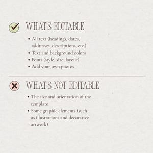 Graphic showing which elements of the baby shower website template can be edited—such as text, fonts, colors, and photos—and which parts remain fixed, like layout and decorative illustrations.