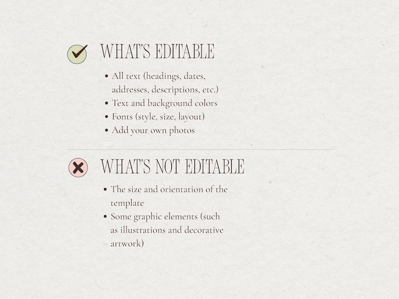 Graphic showing which elements of the baby shower website template can be edited—such as text, fonts, colors, and photos—and which parts remain fixed, like layout and decorative illustrations.