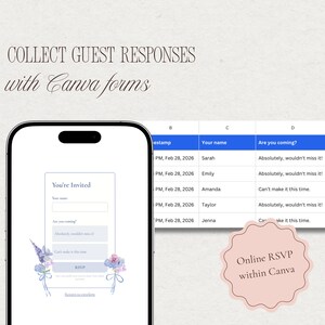 Example of the online RSVP form and response tracking for the Baby in Bloom baby shower website invitation, showing guest responses collected through Canva forms.