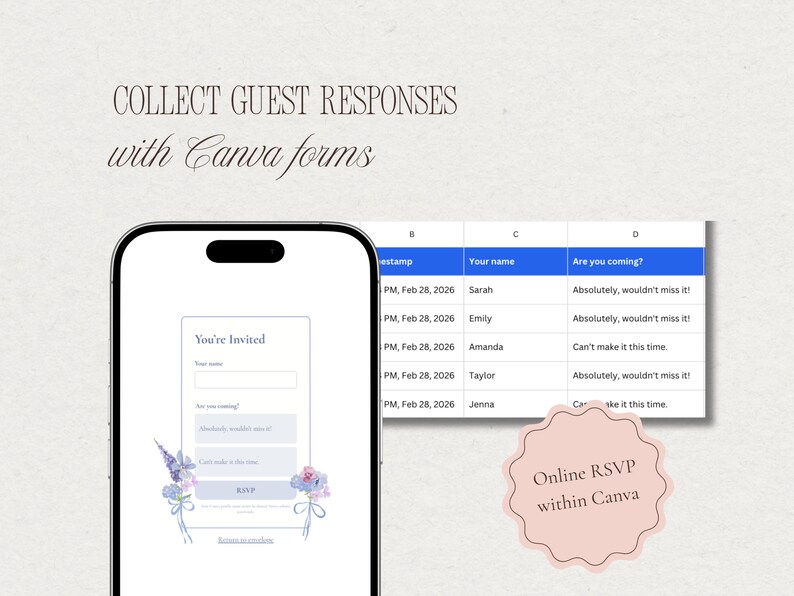 Example of the online RSVP form and response tracking for the Baby in Bloom baby shower website invitation, showing guest responses collected through Canva forms.