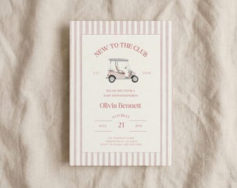 Szablon zaproszenia „Nowość w klubie”, różowe zaproszenie na baby shower dla dziewczynki w stylu golfa, posypka dla dziecka w stylu „Preppy Country Club”, zaproszenie na baby shower z wózkiem golfowym
