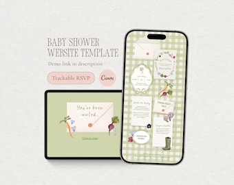 Zaproszenie na przyjęcie z okazji narodzin dziecka z lokalną uprawą i RSVP, cyfrowe zaproszenie na Baby Sprinkle z Gingham Farmer’s Market, przyjęcie z okazji narodzin dziecka Little Sprout