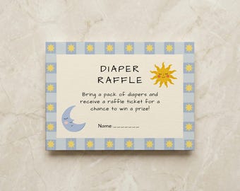 Szablon losu na loterię pieluch na baby shower „Here Comes the Son”, wydruk retro baby shower „Sun” do druku, karta do gry „Sunshine Baby Sprinkle”