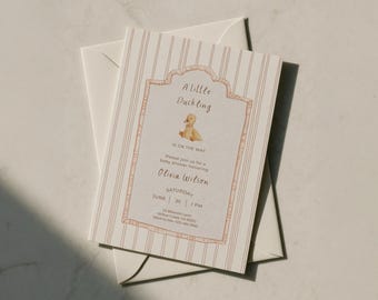 Kleines Entlein ist auf dem Weg Babyparty Einladungsvorlage, bearbeitbare Lucky Duck Babyparty einladen, Ostern Babyparty