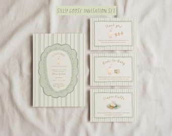 Zestaw zaproszeń na baby shower Silly Goose z niebieską kokardą, edytowalny zestaw zaproszeń na baby shower z książkami dla dziecka, losowaniem pieluszek i kartkami z podziękowaniami