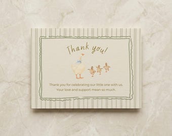 Szablon kartki z podziękowaniami na baby shower Silly Goose | Podziękowania na baby shower Sage Green Goose | Baby shower dla chłopca z niebieską kokardką