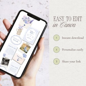 Mobile view of the editable Baby in Bloom blue baby shower website invitation template in Canva, featuring soft blue floral illustrations, invitation cards, and customizable text.