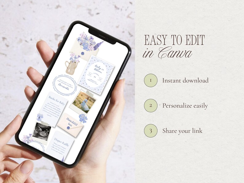 Mobile view of the editable Baby in Bloom blue baby shower website invitation template in Canva, featuring soft blue floral illustrations, invitation cards, and customizable text.