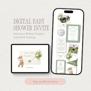 Puede incluir: Plantilla digital de invitación a baby shower mostrada en una tableta y un teléfono inteligente. La tableta muestra una invitación con una ilustración de bebé y texto. El teléfono inteligente muestra varios elementos de invitación, incluidas fotos y texto. El texto dice "Digital Baby Shower Invite" y "Easy to edit in Canva."