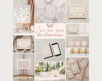 Zestaw na baby shower Sea You Soon, Różowe dekoracje na baby shower w stylu nadmorskim, Zaproszenie na baby shower na plaży, Gry i znaki na baby shower w oceanie