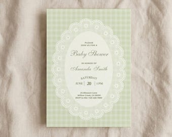 Szablon zaproszenia na baby shower w kolorze szałwiowej zieleni, zaproszenie na baby shower w stylu vintage, edytowalna koronkowa serwetka z posypką dla dziecka