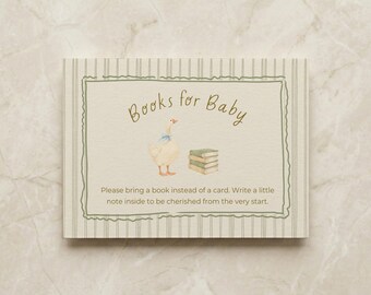 Szablon kartki dla dziecka z motywem „Silly Goose Books”, „Silly Goose is Almost On The Free”, „Szalona zielona prośba o książkę na baby shower”, „Niebieska kokardka dla chłopca na baby shower”