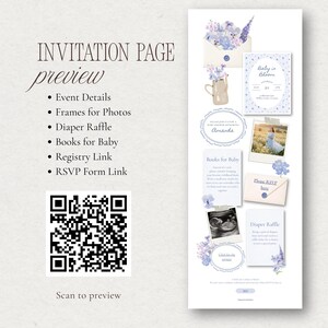 Preview of the Baby in Bloom blue baby shower website invitation layout with QR code to scan, showing the long scroll invitation design with event details, floral illustrations, RSVP section, and baby shower cards.
