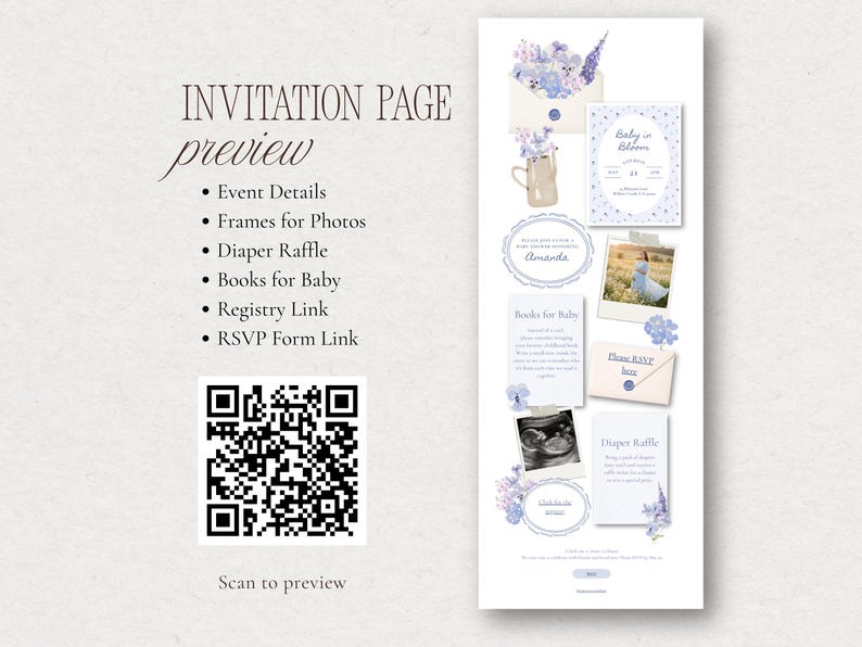 Preview of the Baby in Bloom blue baby shower website invitation layout with QR code to scan, showing the long scroll invitation design with event details, floral illustrations, RSVP section, and baby shower cards.