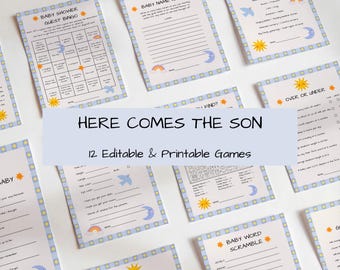 Zestaw gier na baby shower „Here Comes the Son”, gry na baby shower w stylu retro, dekoracje na baby shower w stylu słońca, gry i zabawy na baby shower do druku