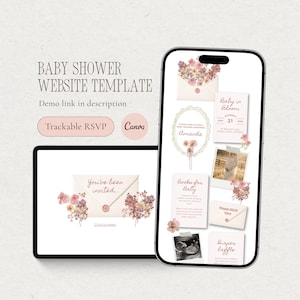 Może przedstawiać: Cyfrowa makieta szablonu strony internetowej na baby shower, wyświetlana na tablecie i smartfonie. Projekt charakteryzuje się miękką, neutralną paletą kolorów z kwiatowymi akcentami. Tablet pokazuje zaproszenie, a telefon wyświetla różne elementy baby shower.