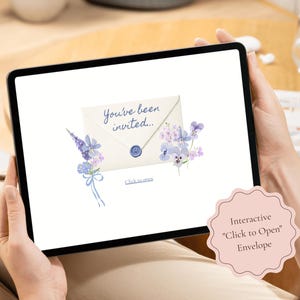 Tablet displaying the animated click-to-open envelope for the Baby in Bloom blue baby shower website invitation, decorated with soft watercolor wildflowers and delicate botanical details.
