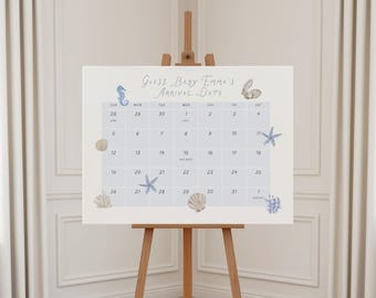 Szablon kalendarza z przewidywaną datą porodu na baby shower w Sea You Soon, gra na baby shower w oceanie, znak z motywem morskim dla dziecka
