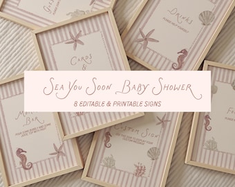 Zestaw różowych znaków na baby shower "You Soon" z motywem morza, dekoracje na baby shower w stylu morskim, znaki na baby shower z muszlami, posypka dla niemowląt w marynistycznym stylu do druku
