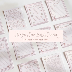 May include: A collection of printable baby shower game cards featuring a light pink and white striped border with seashell and seahorse illustrations. The cards include titles like Baby Shower Guest Bingo, Would She Rather, and The Price Is Right.