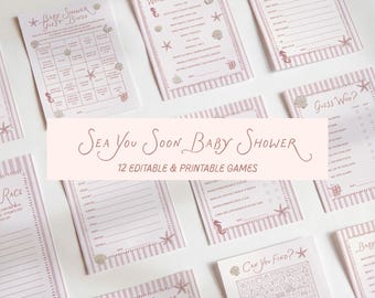 Zestaw gier na baby shower „Sea You Soon”, gry na baby shower w kolorze różowym z muszelkami, dekoracje na baby shower w stylu nadmorskim, gry i zabawy na baby shower do wydrukowania