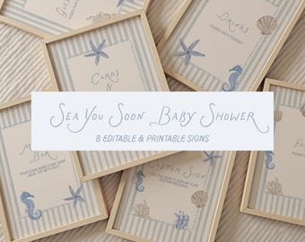 Szablon na zaproszenia na baby shower z napisem „Sea You Soon”, dekoracje na baby shower w stylu morskim, zaproszenia na baby shower w tematyce oceanicznej, posypka dla niemowląt w stylu marynistycznym do druku