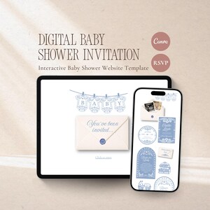Może przedstawiać: Cyfrowe zaproszenie na baby shower wyświetlane na tablecie i smartfonie. Zaproszenie ma jasnoniebieski i biały design z tekstem "DIGITAL BABY SHOWER INVITATION" i "You've been invited..." Projekt zawiera elementy dekoracyjne oraz logo Canva i RSVP.