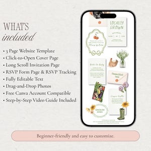 A preview showing what is included in the baby shower website template, such as the invitation page, RSVP form, photo frames, and registry link.