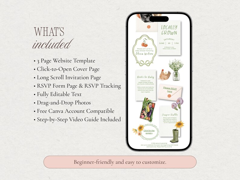 A preview showing what is included in the baby shower website template, such as the invitation page, RSVP form, photo frames, and registry link.