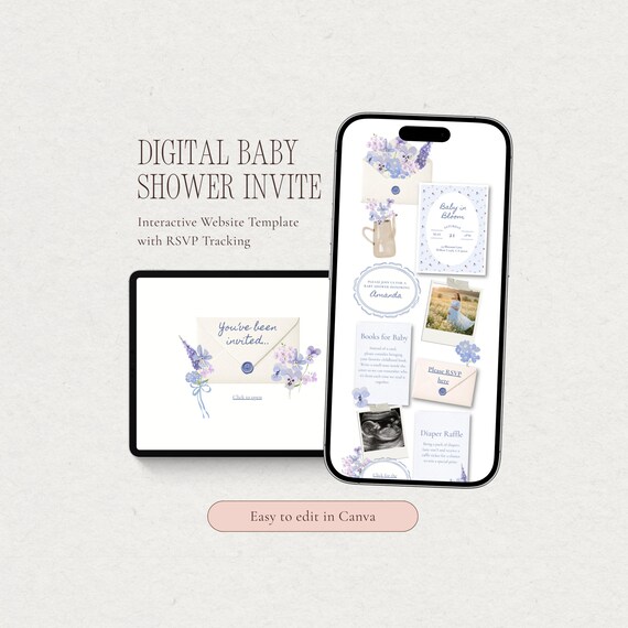 Baby in Bloom Digital Baby Shower Invite, Blue Floral Baby Shower Website Invitation with RSVP, Interactive Baby Shower Invite