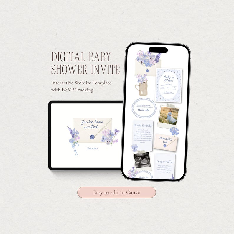 Blue Baby in Bloom baby shower website invitation template displayed on phone and tablet, featuring delicate blue wildflowers, an animated click-to-open envelope, and an elegant long scroll digital invitation layout.