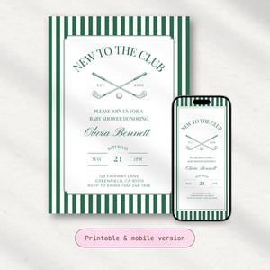 Printable baby shower invitation displayed next to a smartphone showing the mobile version, highlighting that the design can be used both for printing and digital sharing.