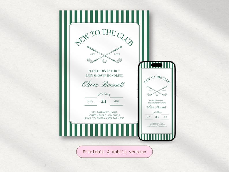 Printable baby shower invitation displayed next to a smartphone showing the mobile version, highlighting that the design can be used both for printing and digital sharing.